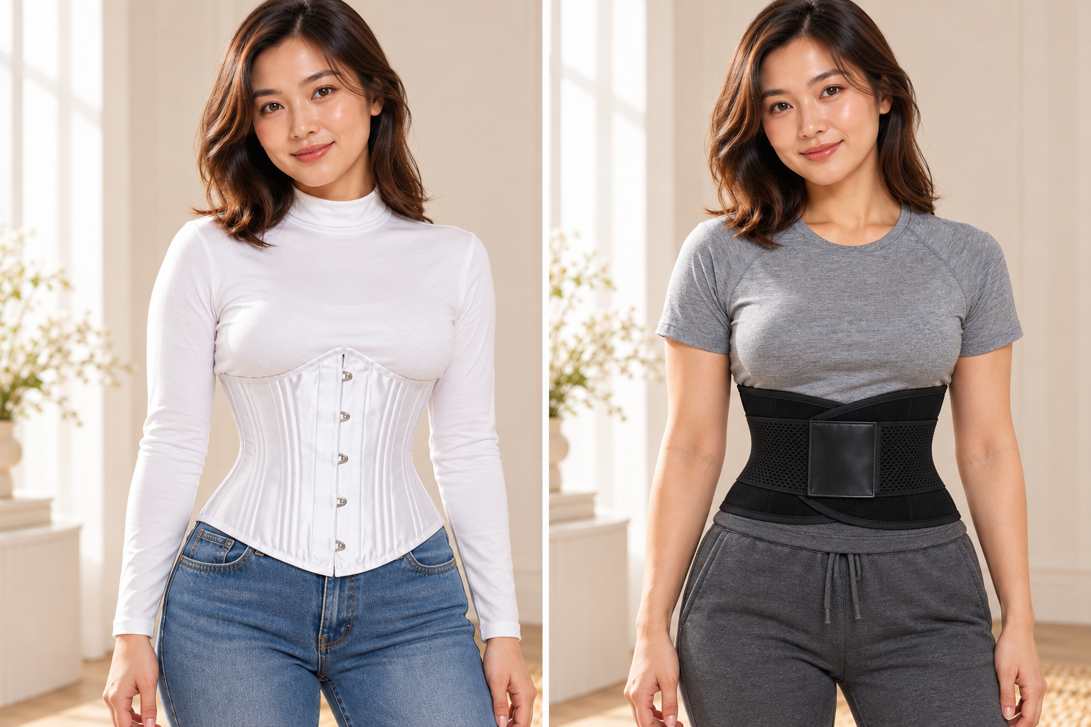 ภาพจำลองเปรียบเทียบคอร์เซ็ตสีขาวกับเข็มขัด Waist Trainer สีดำ